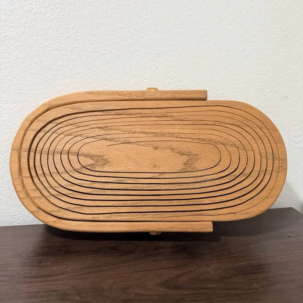 Vintage Wooden Fruit Basket- Folding- to fold flat Signed Huen Oshera